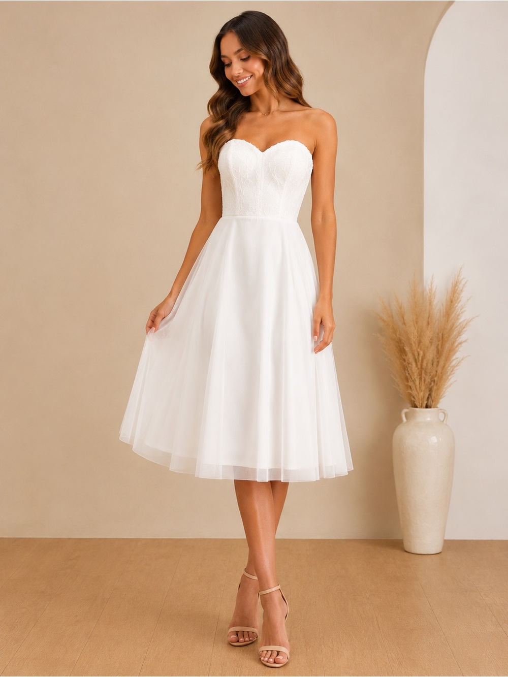 Lulu's Strapless White Tea-Length Sweetheart Dress